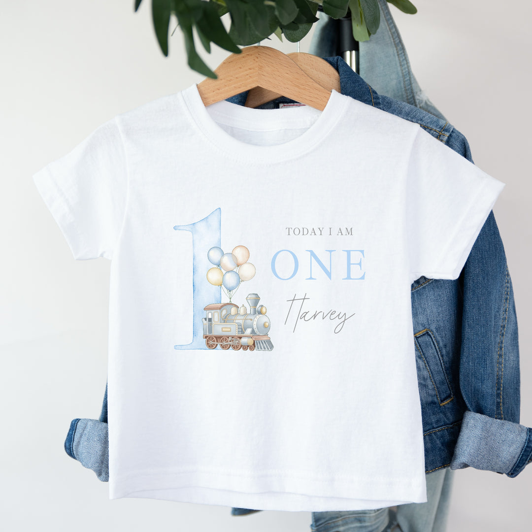 Personalised Blue Train Today I Am One Birthday T-Shirt