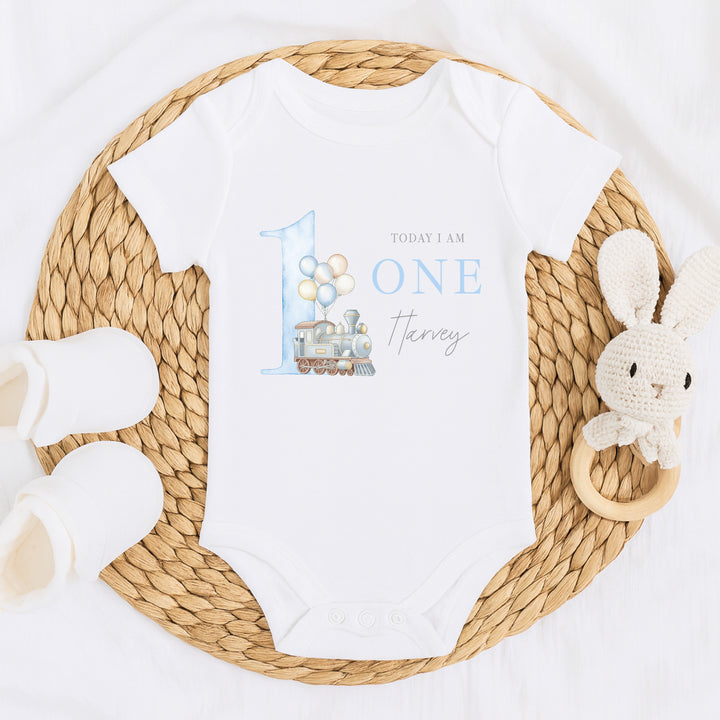 Personalised Blue Train Today I Am One First Birthday Vest