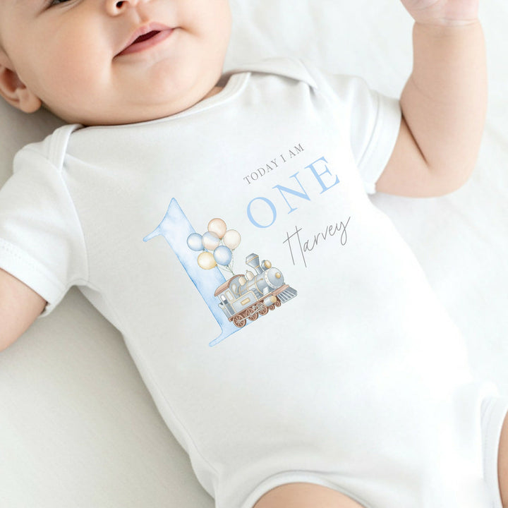 Personalised Blue Train Today I Am One First Birthday Vest