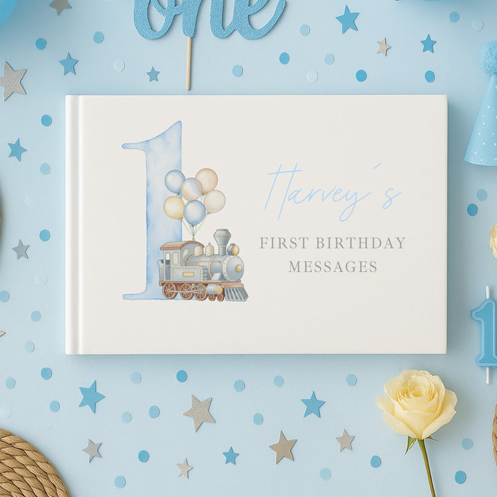 Personalised Blue Train First Birthday Guest Book