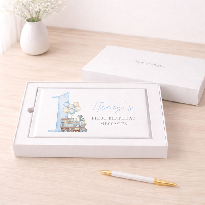 Personalised Blue Train First Birthday Guest Book