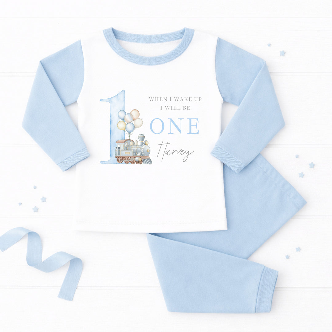 Personalised Blue Train When I Wake Up I Will Be One First Birthday Pyjamas