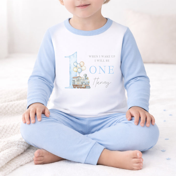 Personalised Blue Train When I Wake Up I Will Be One First Birthday Pyjamas