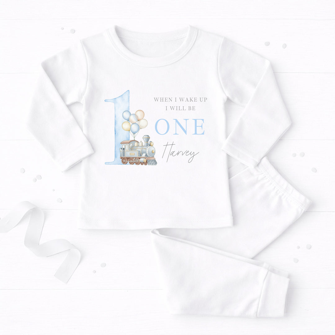 Personalised Blue Train When I Wake Up I Will Be One First Birthday Pyjamas