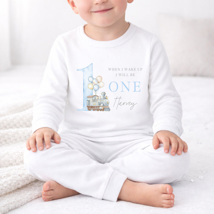 Personalised Blue Train When I Wake Up I Will Be One First Birthday Pyjamas