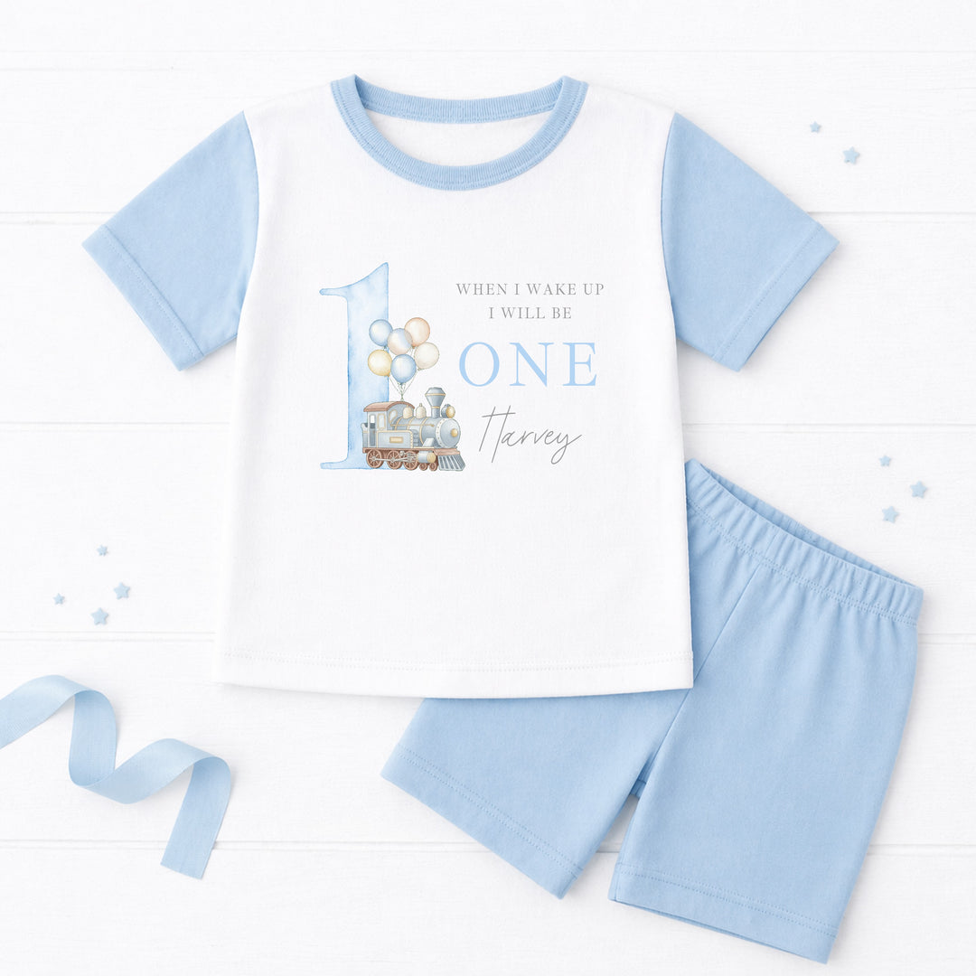 Personalised Blue Train When I Wake Up I Will Be One Birthday Short Sleeve Pyjamas