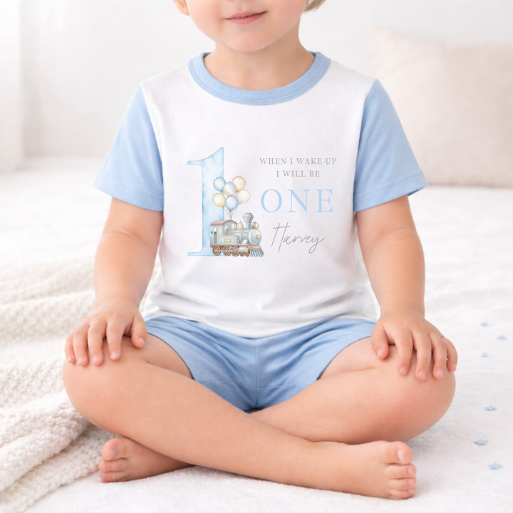 Personalised Blue Train When I Wake Up I Will Be One Birthday Short Sleeve Pyjamas