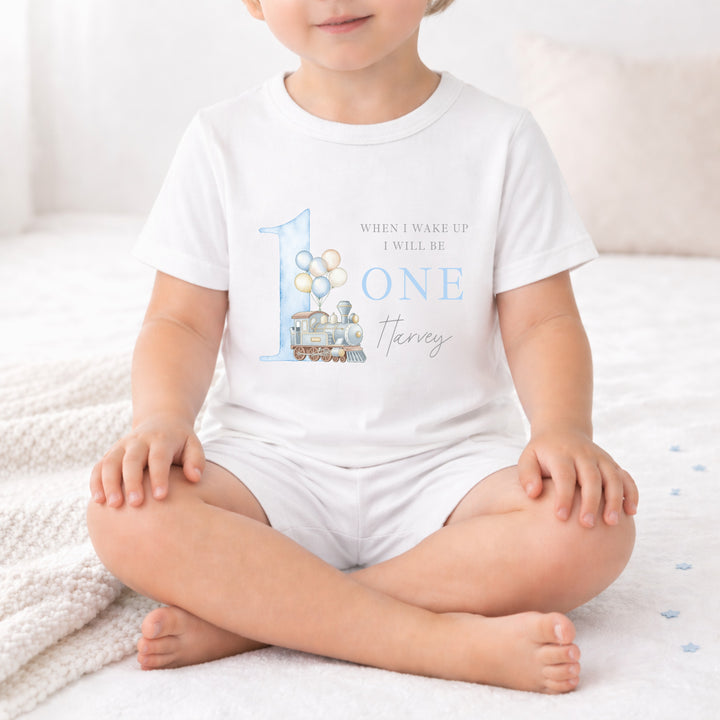 Personalised Blue Train When I Wake Up I Will Be One Birthday Short Sleeve Pyjamas