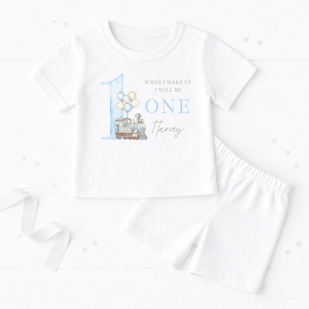 Personalised Blue Train When I Wake Up I Will Be One Birthday Short Sleeve Pyjamas