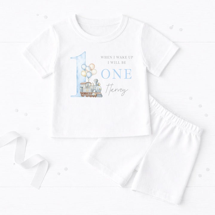 Personalised Blue Train When I Wake Up I Will Be One Birthday Short Sleeve Pyjamas