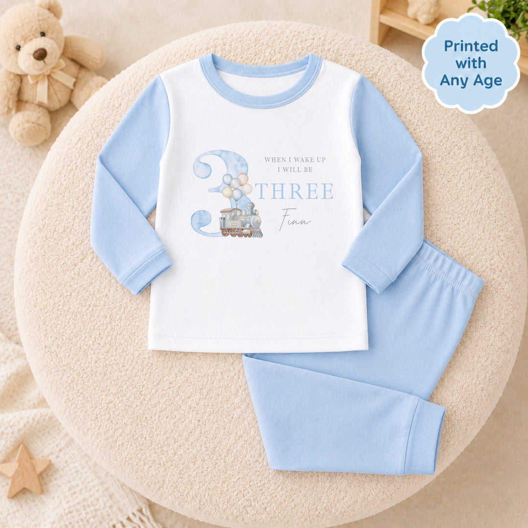 Personalised Blue Train Any Age Birthday Pyjamas