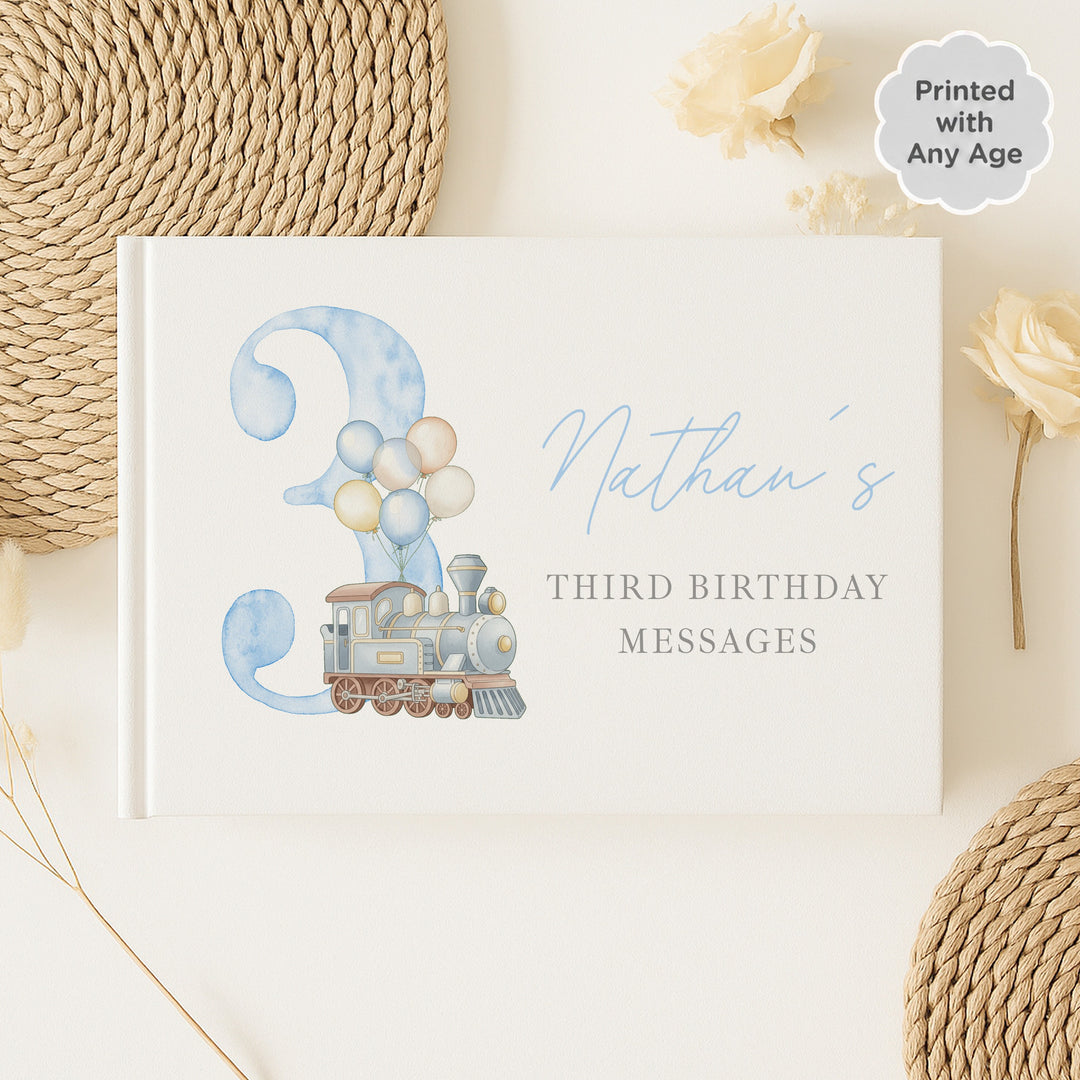 Personalised Blue Train Any Age Birthday Guest Book