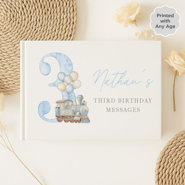 Personalised Blue Train Any Age Birthday Guest Book