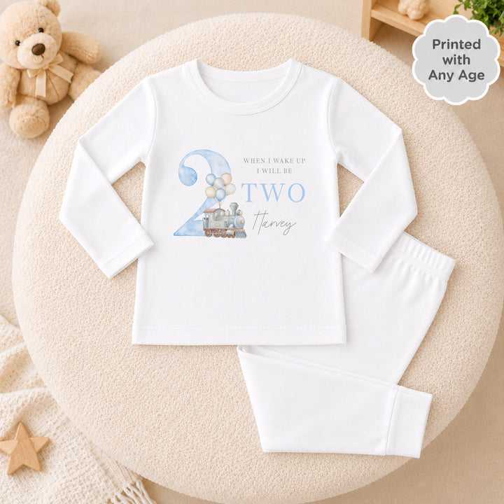 Personalised Blue Train Any Age Birthday Pyjamas