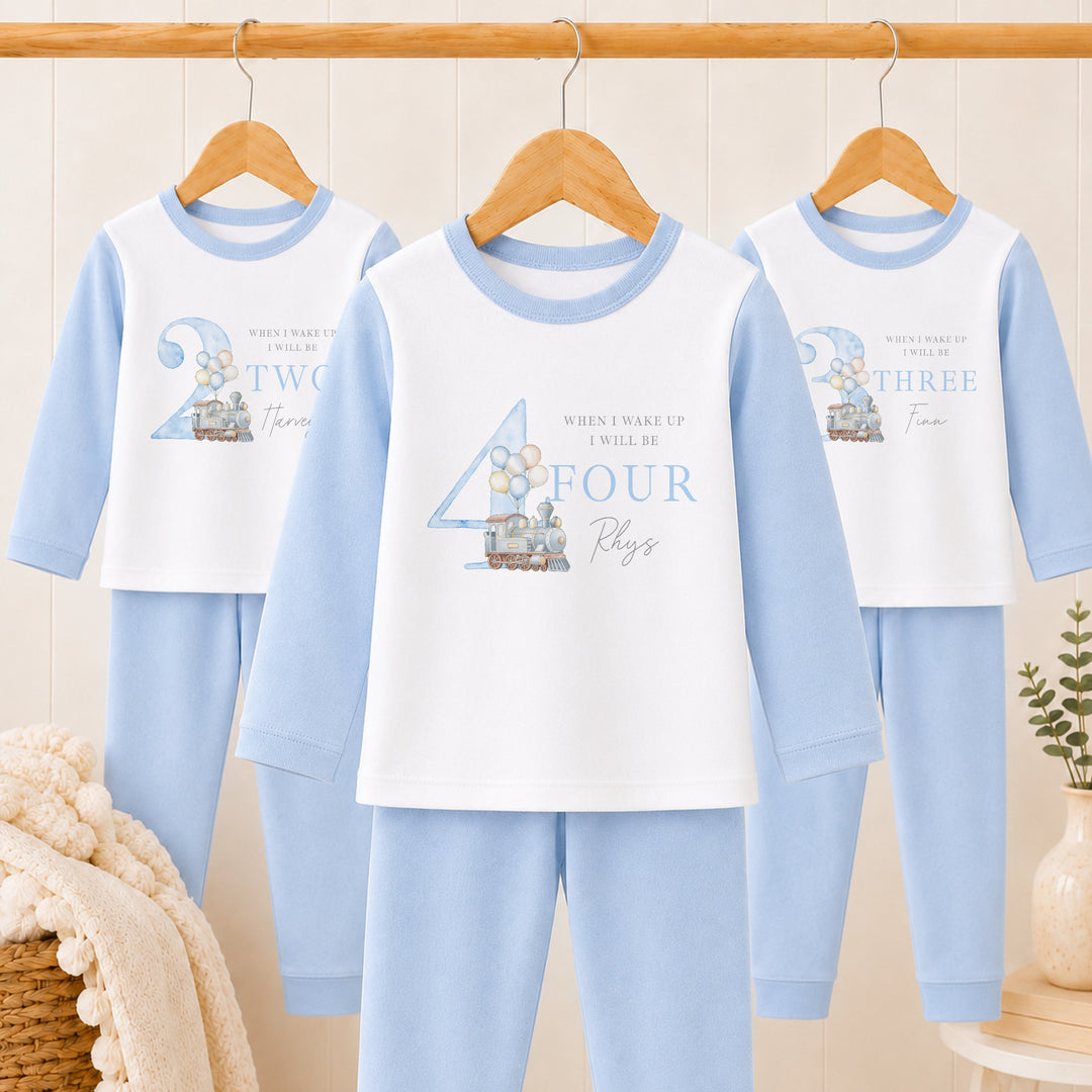 Personalised Blue Train Any Age Birthday Pyjamas