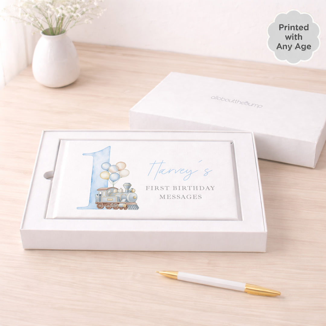 Personalised Blue Train Any Age Birthday Guest Book