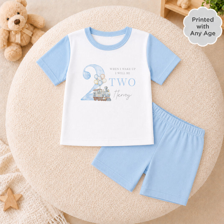 Personalised Blue Train Short Sleeve Birthday Pyjamas