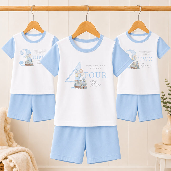 Personalised Blue Train Short Sleeve Birthday Pyjamas