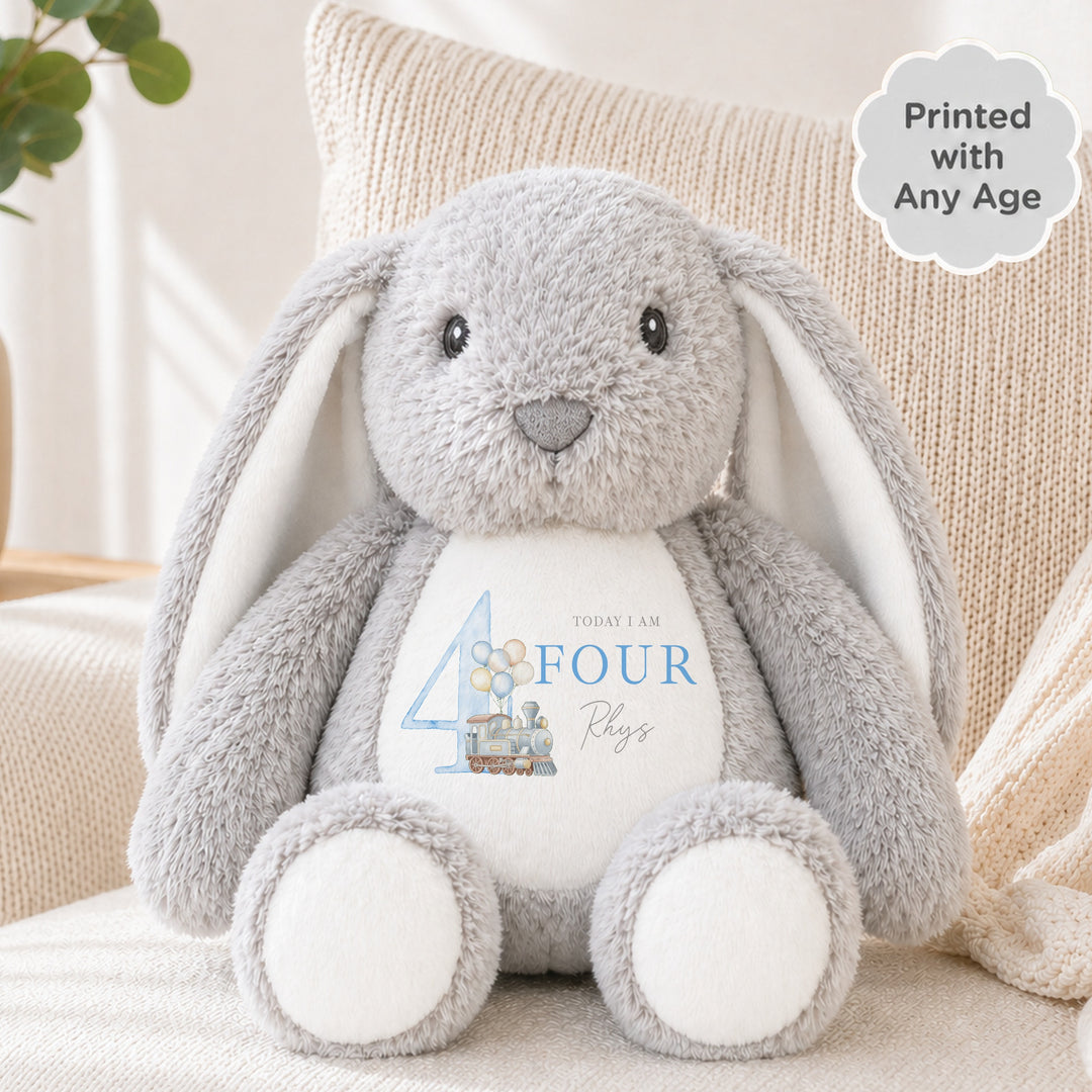 Personalised Blue Train Any Age Birthday Teddy