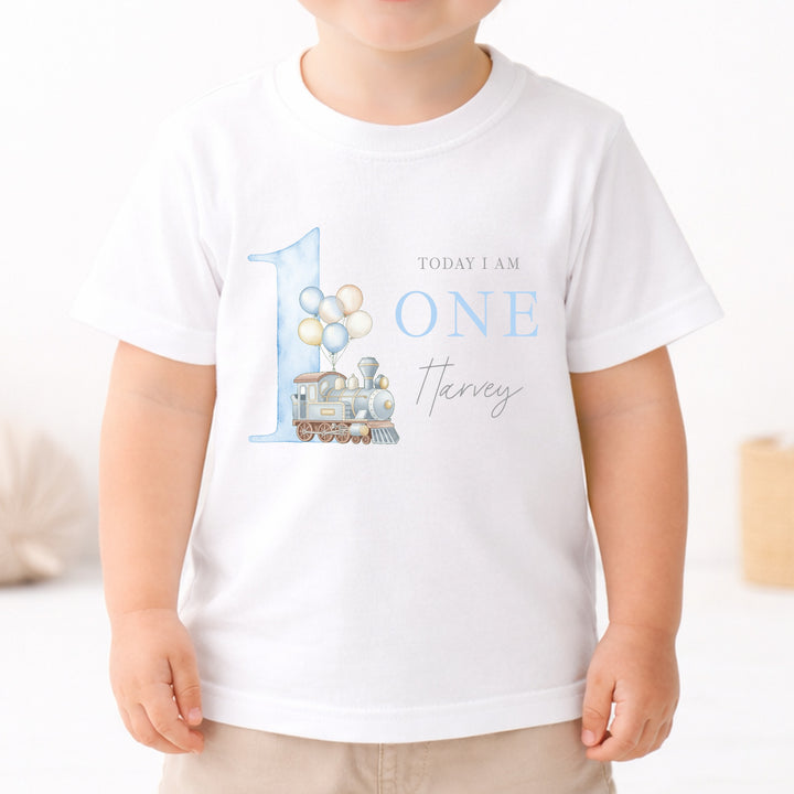 Personalised Blue Train Today I Am One Birthday T-Shirt