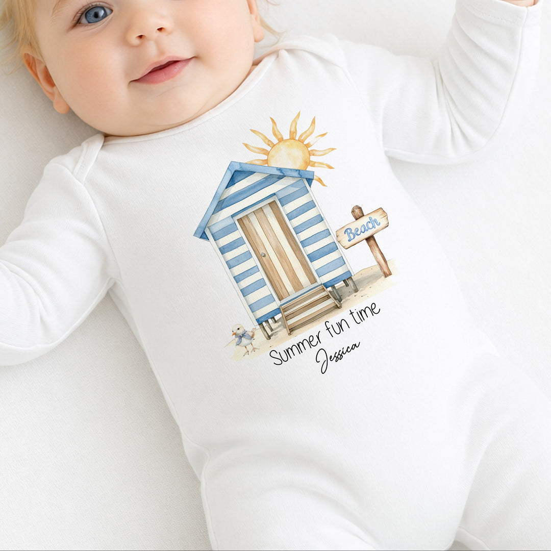 Personalised Blue Beach Hut Summer Fun Baby Grow or Vest