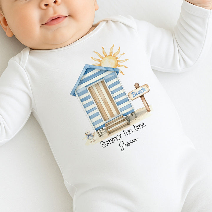 Personalised Blue Beach Hut Summer Fun Baby Grow or Vest