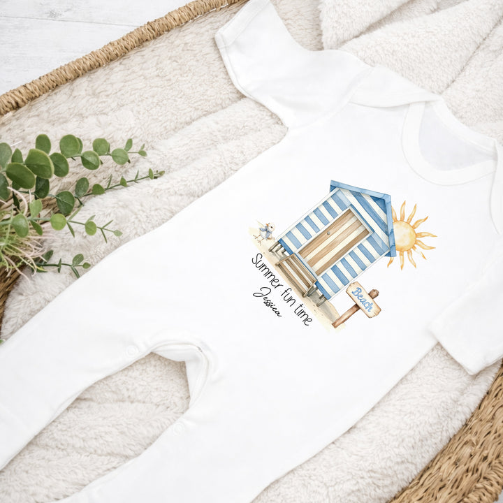 Personalised Blue Beach Hut Summer Fun Baby Grow or Vest