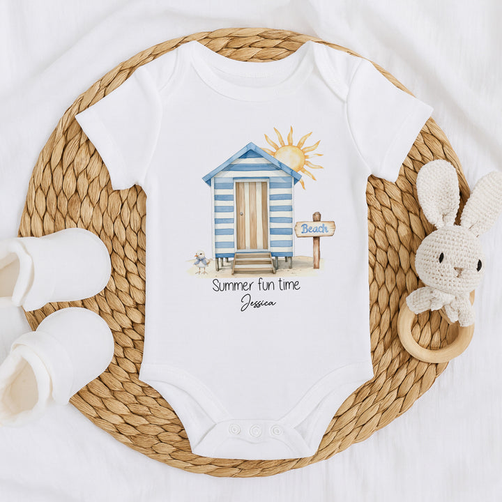 Personalised Blue Beach Hut Summer Fun Baby Grow or Vest