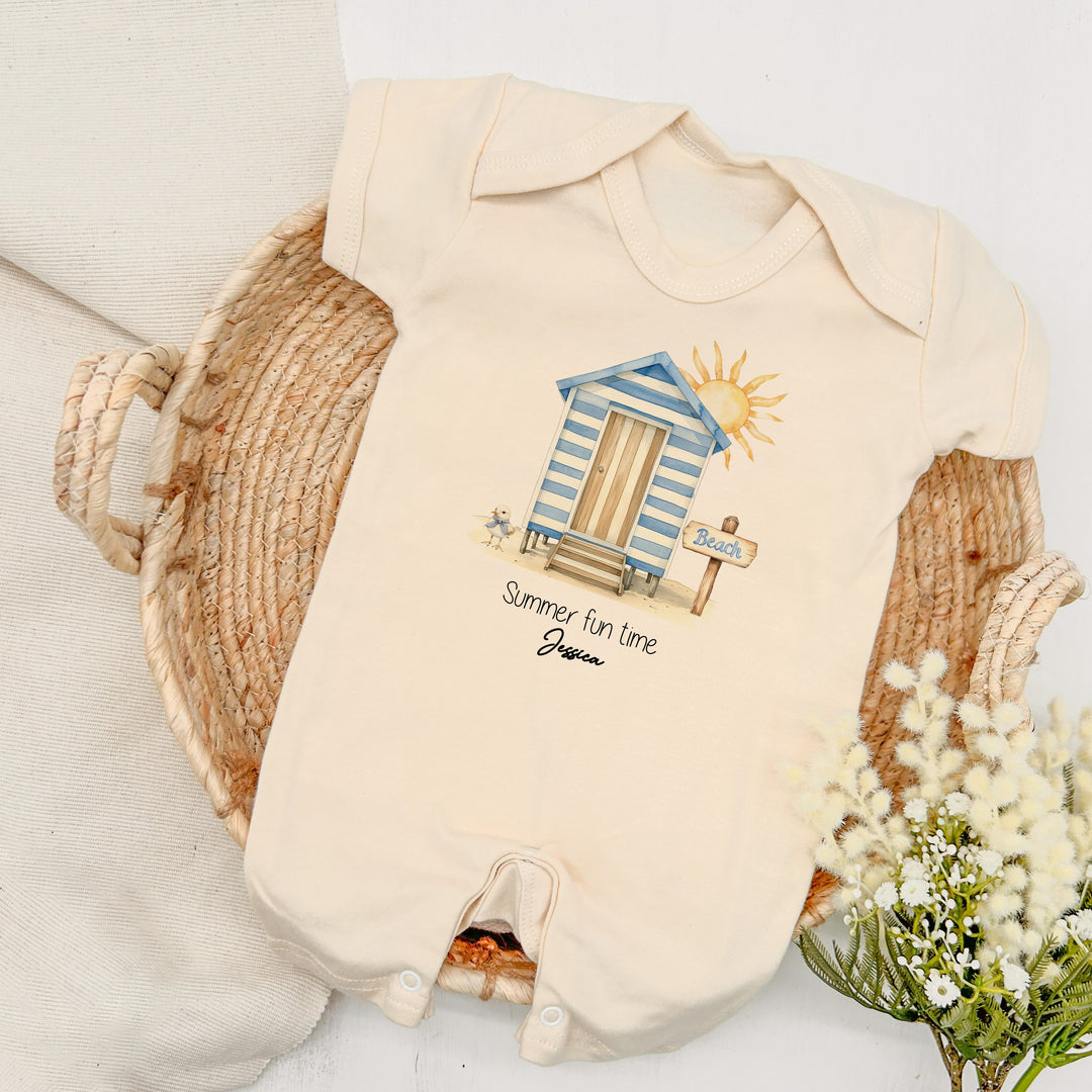 Personalised Blue Beach Hut Summer Fun Romper
