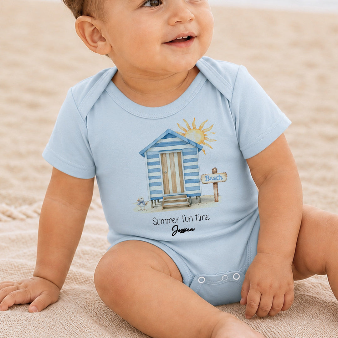 Personalised Blue Beach Hut Summer Fun Romper