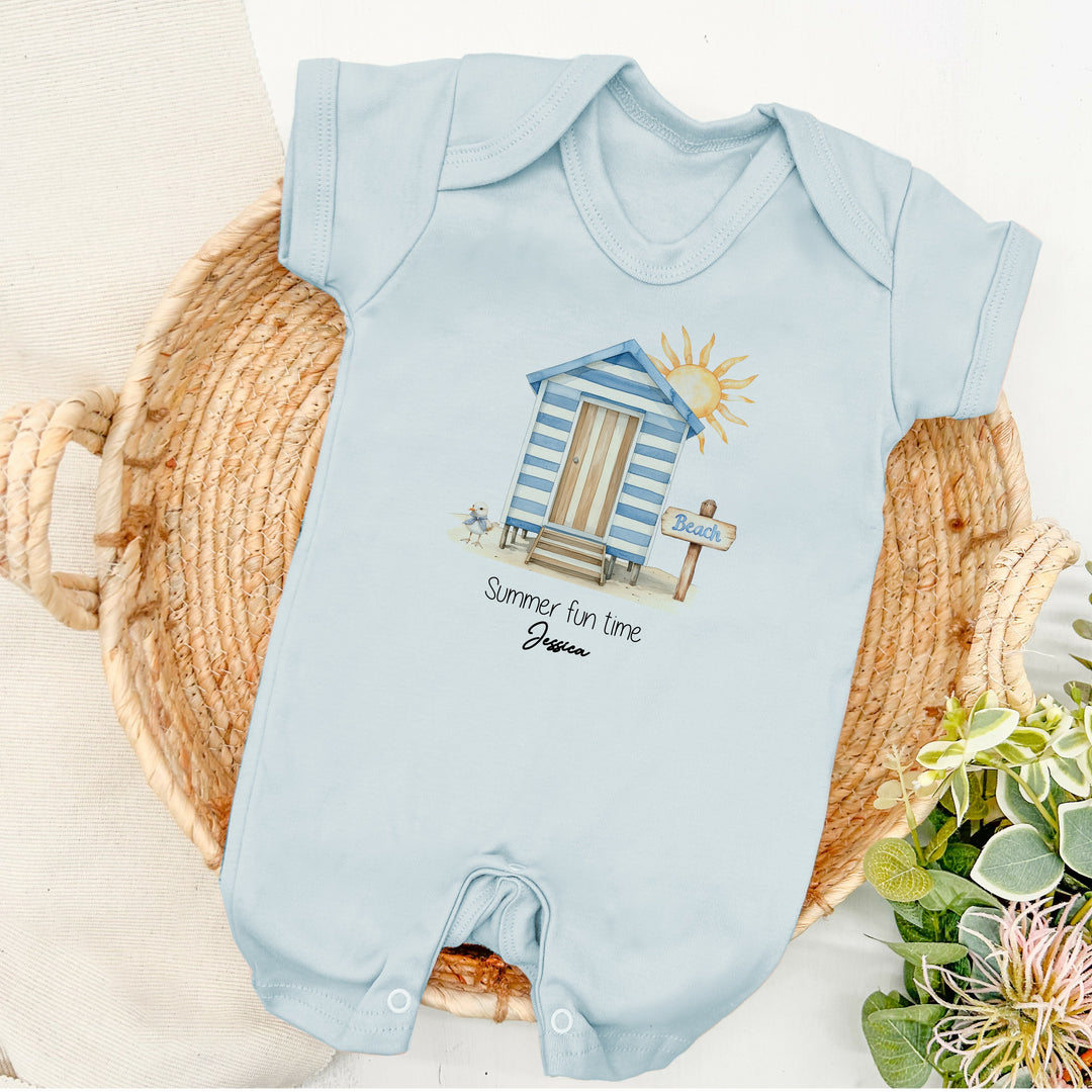 Personalised Blue Beach Hut Summer Fun Romper
