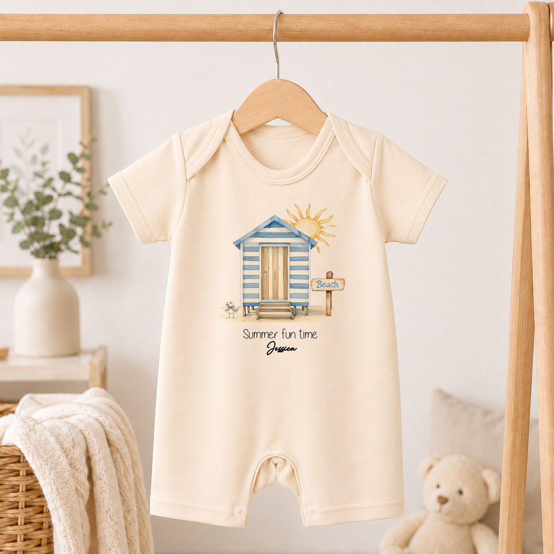 Personalised Blue Beach Hut Summer Fun Romper