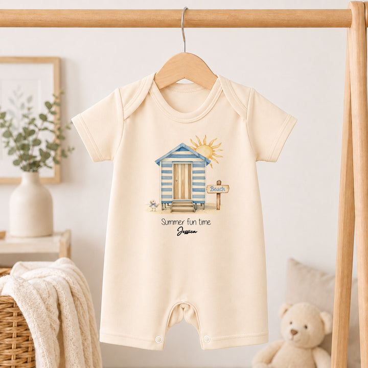 Personalised Blue Beach Hut Summer Fun Romper