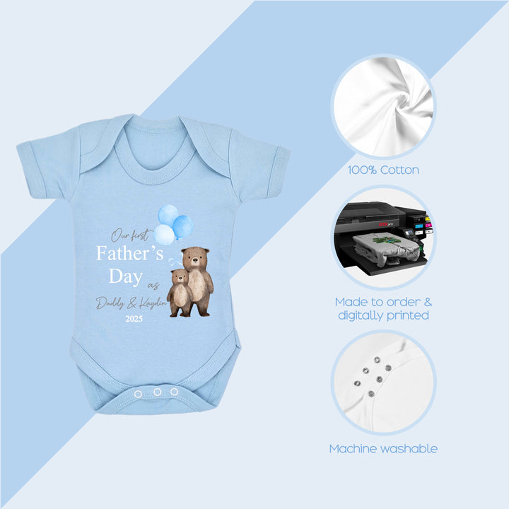 Personalised Blue Balloons Bears Father's Day Blue Babygrow/Vest