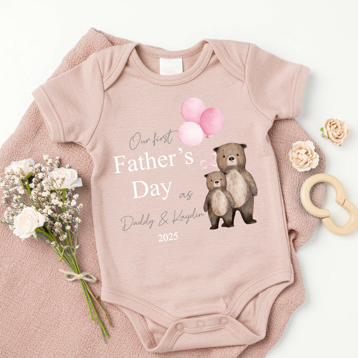 Personalised Pink Balloons Bears Father's Day Pink Babygrow/Vest