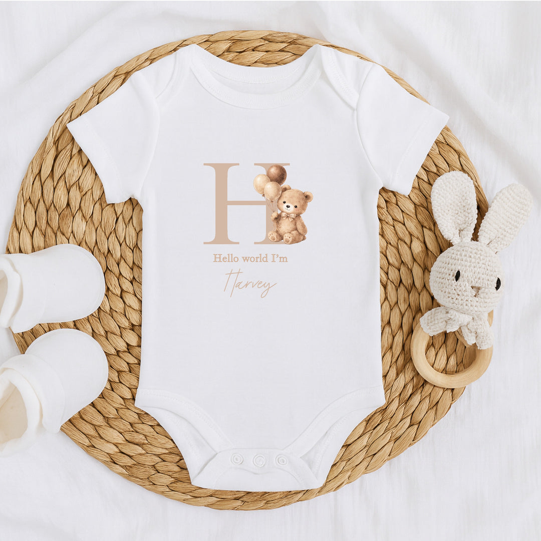 Personalised Beige Teddy Initial Baby Grow, Vest or Bib