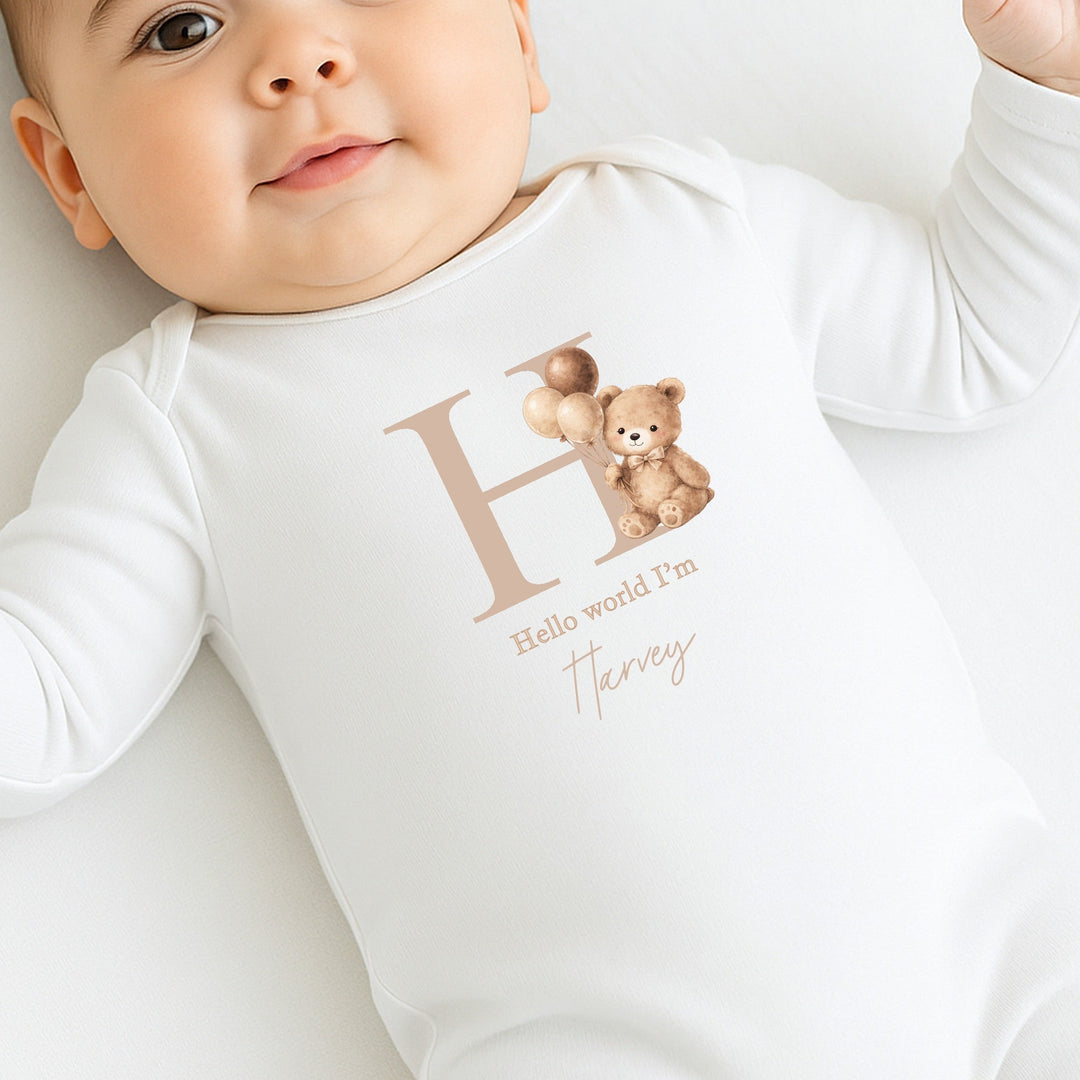 Personalised Beige Teddy Initial Baby Grow, Vest or Bib