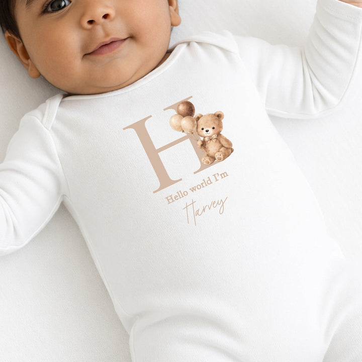 Personalised Beige Teddy Initial Baby Grow, Vest or Bib