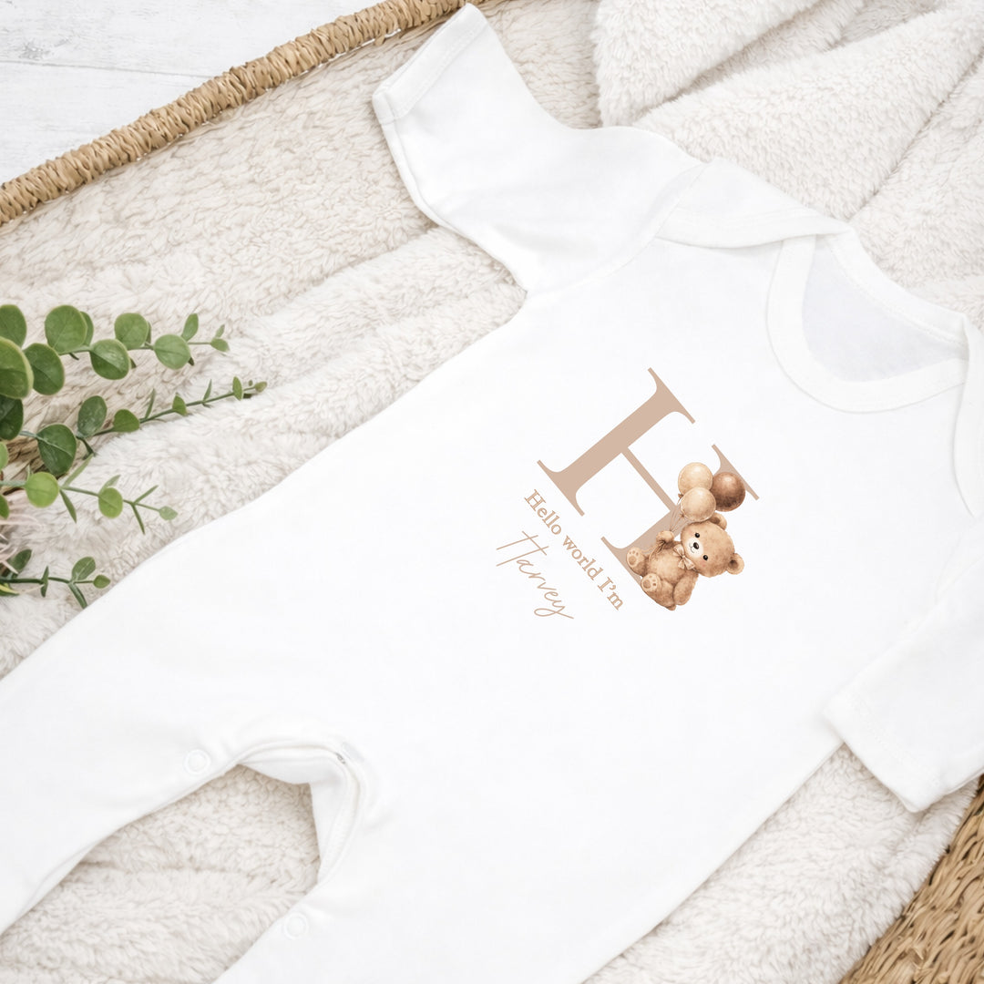 Personalised Beige Teddy Initial Baby Grow &amp; Rabbit Set