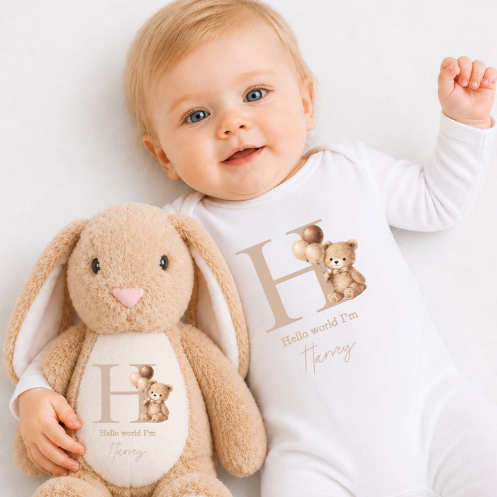 Personalised Beige Teddy Initial Baby Grow &amp; Rabbit Set