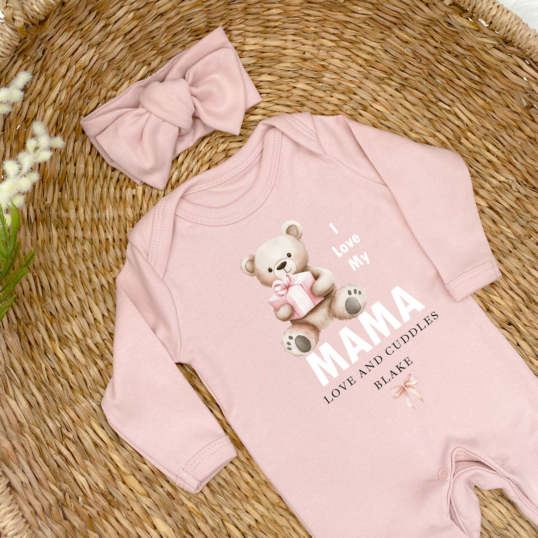 Personalised Pink Bear I Love My Mama Baby Grow, Vest or Bib