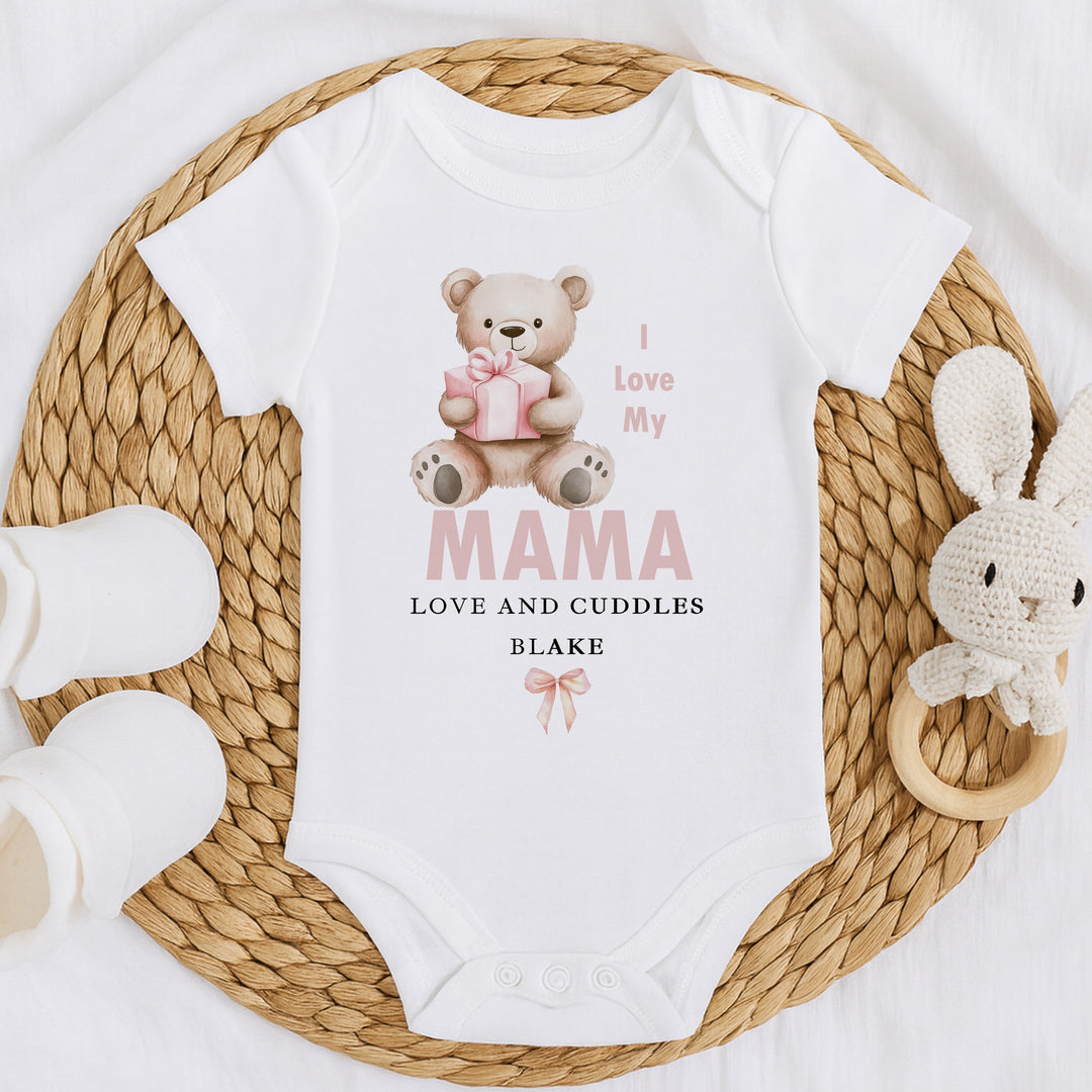 Personalised Pink Bear I Love My Mama Baby Grow, Vest or Bib