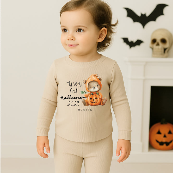 Personalised Pumpkin Teddy Halloween Ribbed Loungewear