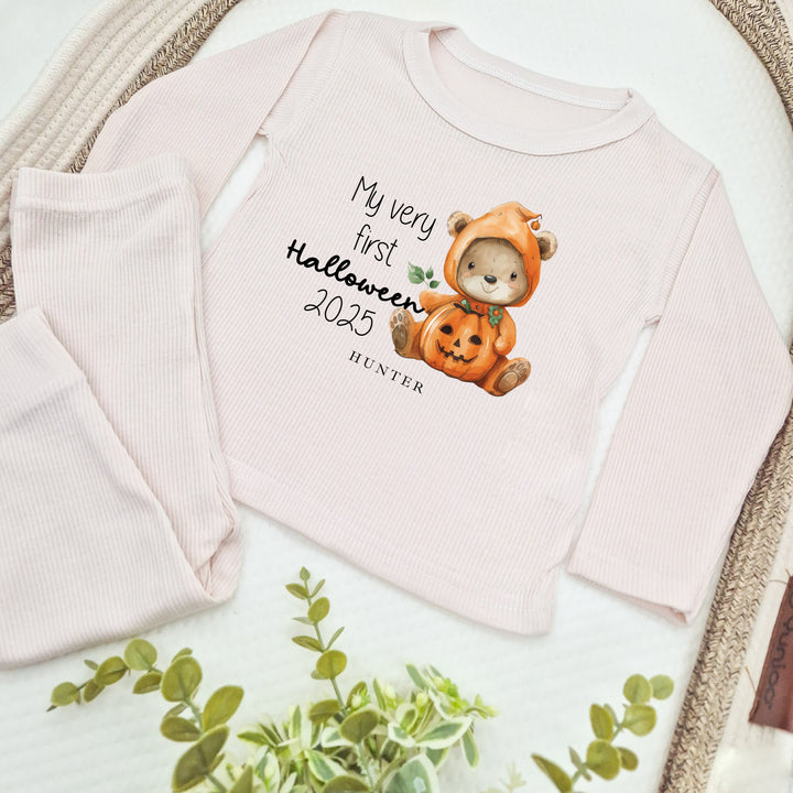 Personalised Pumpkin Teddy Halloween Ribbed Loungewear