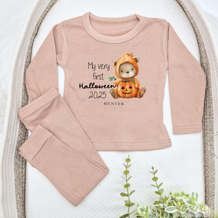 Personalised Pumpkin Teddy Halloween Ribbed Loungewear