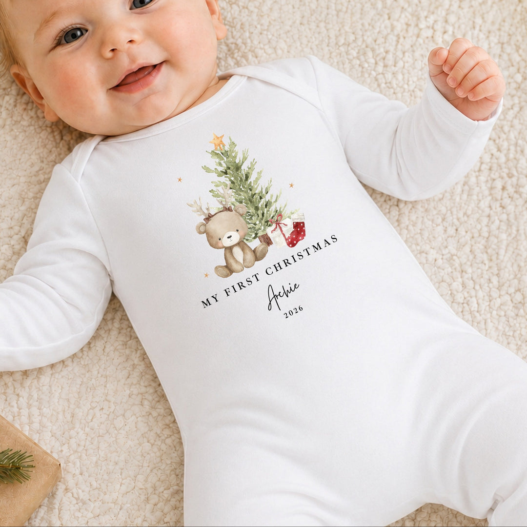 Personalised Bear Reindeer Tree My First Christmas Baby Grow or Vest