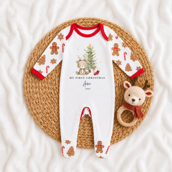 Personalised Bear Reindeer Tree My First Christmas Pattern Baby Grow