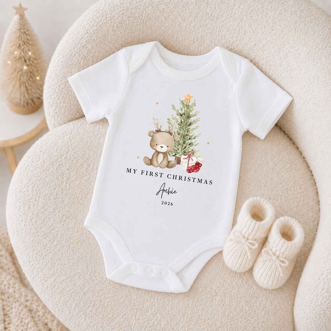Personalised Bear Reindeer Tree My First Christmas Baby Grow or Vest
