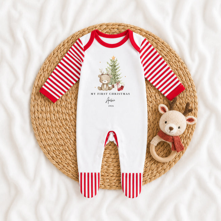 Personalised Bear Reindeer Tree My First Christmas Red Baby Grow