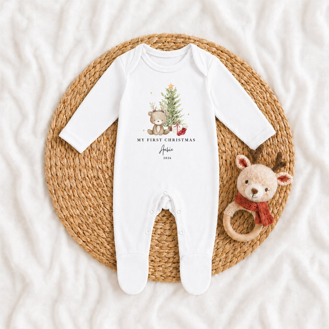 Personalised Bear Reindeer Tree My First Christmas Baby Grow or Vest